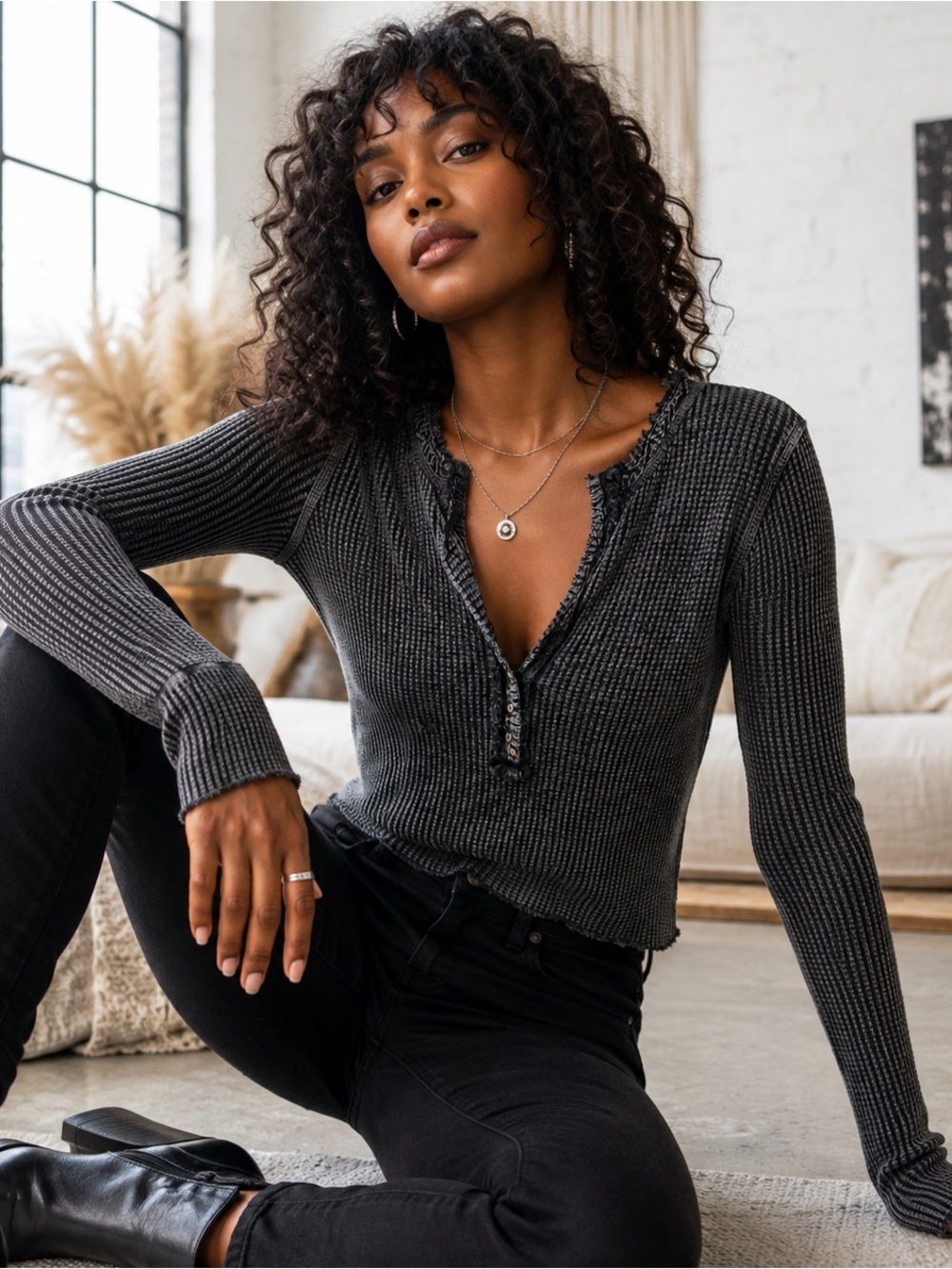Free People FP One Black Gray Waffle Knit Henley Top S/P Distressed Thermal